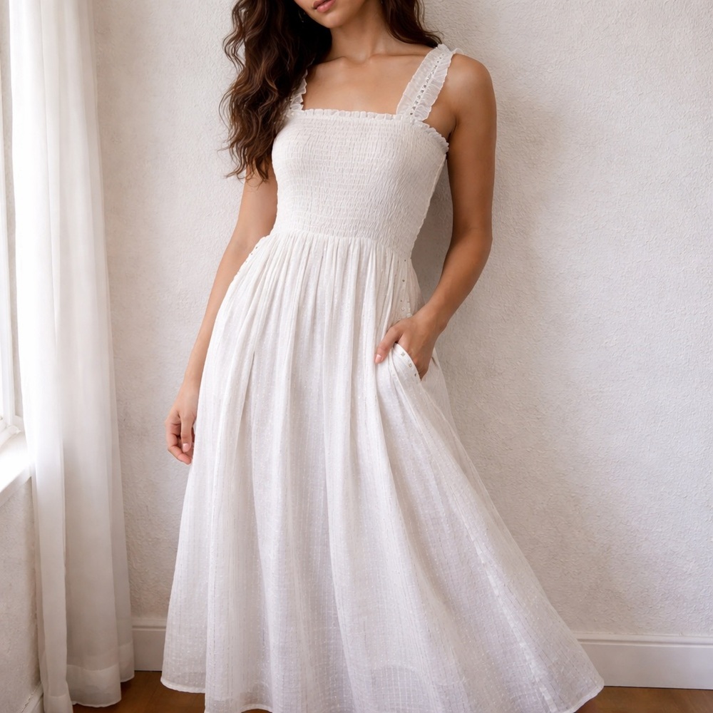 BAROK White Metallic Stripe Smocked Maxi Dress NWT Small Coastal Romantic